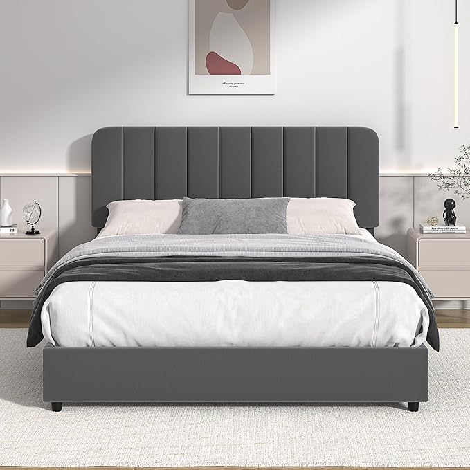 VECELO Full Size Upholstered Bed Frame with 4 Drawers and Headboard, Velvet Platform Storage Bedframe, Wooden Slats Support, No Box Spring Needed,Dark Grey