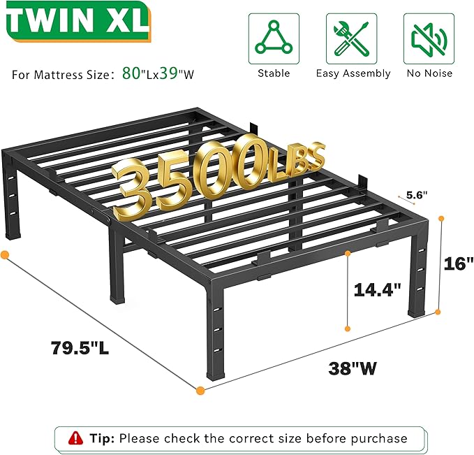 16 Inch Twin XL Bed Frames, Heavy Duty Metal Platform 3500 lbs Capacity, No Box Spring Needed, 6 Mattress Slide Stopper, Headboard Holes, Noise-Free, Easy Assembly