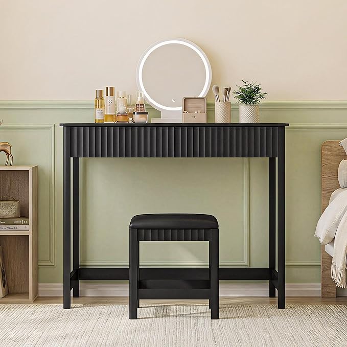 ChooChoo 47.2 Inch Modern Desk with Drawers, Makeup Vanity Desk with Padded Stool, Writing Computer Desk for Home Office & Bedroom, Black