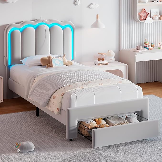 Jocoevol Twin Upholstered LED Bed Frame with Storage Drawer and Adjustable Chic Double Wavy Headboard, Velvet Princess Platform Bed for Girls/Kids, Solid Wood Slats Support, No Box Spring Needed, Grey
