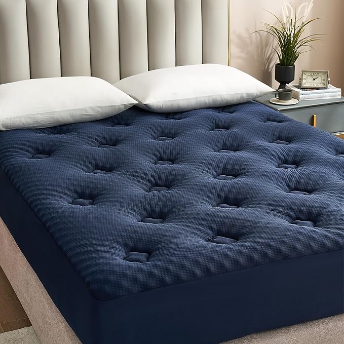 Hansleep California King Mattress Topper Memory Foam, California King Foam Mattress Topper Viscose Derived from Bamboo, Cal King Size Bed Mattress Pad Cover for Back Pain Relief, 72" x 84", Navy