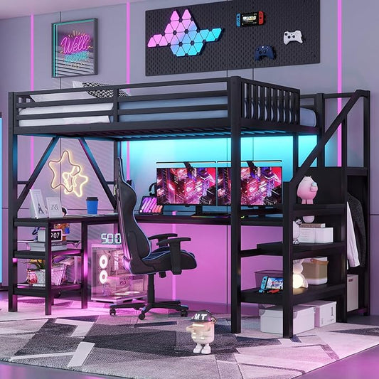 Full Size Loft Bed with Desk and Stairs, Metal Heavy Duty Loft Bed with Wardrobe and LED Light, USB Port and Storage Shelves, LoftBed Frames for Kids, Teens, Adults, No Box Spring Needed, Black