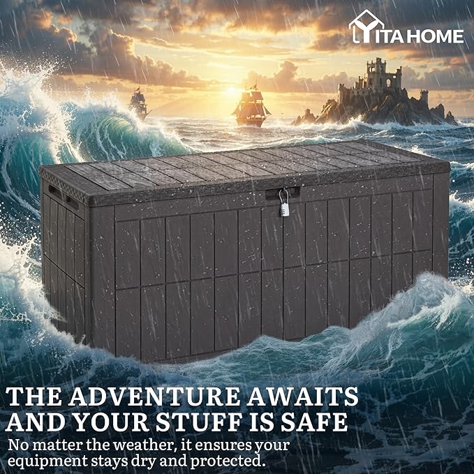 YITAHOME 134 Gallon Large Outdoor Storage Box with Lock, Waterproof Deck Box with Hydraulic Piston for Garden Tools, Pool Accessories & Cushions, Resin Deck Organizer with Bench Seat (Dark Brown)