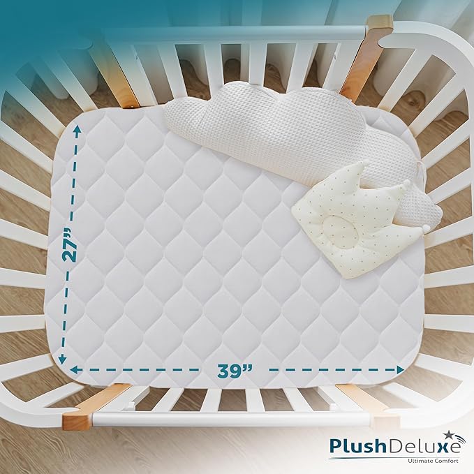 PlushDeluxe Pack and Play Mattress Protector, 39”x27”, Waterproof Playard Pack N Play Mini Crib Cover, Soft Viscose Made from Bamboo with Quilted Terry Cotton Top, Noiseless White Fitted Sheet Style