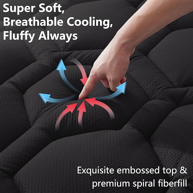 ELVEN HOME King Size Mattress Pad Waterproof, Cooling Mattress Topper Noiseless, Leak Proof Mattress Protector Deep Pocket Washable, Quilted Fitted Soft King Mattress Pad Cover (78x80 inch, Black)