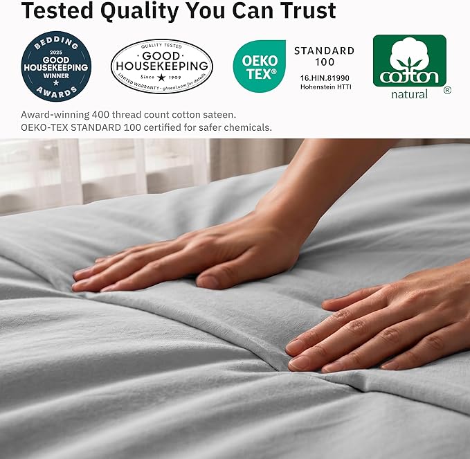 California Design Den Full/Queen Size Duvet Cover - Winner Good Housekeeping Best Bedding Awards 2025-400 Thread Count Sateen, 100% Cotton Comforter Cover, Button Closure & Corner Ties - Light Grey