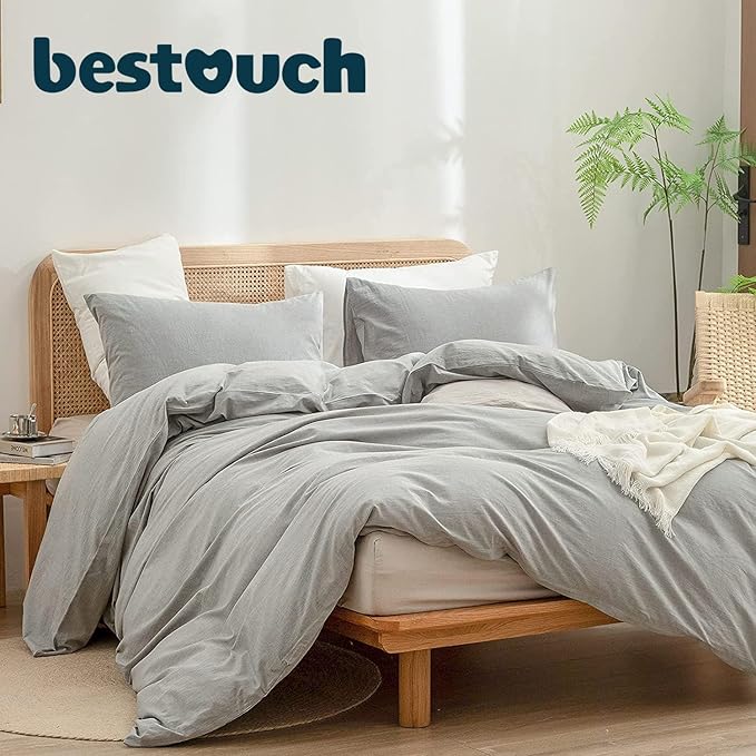 BESTOUCH Duvet Cover Set 100% Washed Cotton Linen Feel Super Soft Comfortable Chic Lightweight 3 PCs Home Bedding Set Solid Light Grey Alaska King