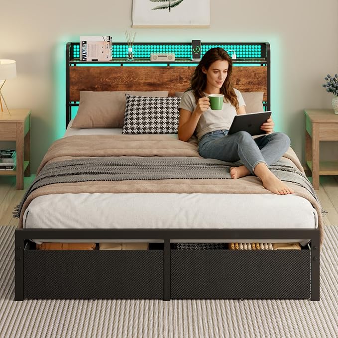 Furnulem Queen Size Bed Frame with Headboard Storage, Platform Bed Frame Queen Size with 2 Drawers, Charging Station and LED Lights, No Box Spring Needed, Noise Free, Easy Assembly (1200 lbs Capacity)