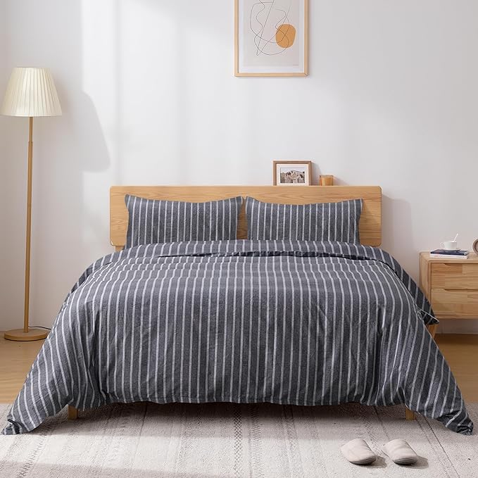 TOCOMOA Striped Duvet Cover Set 100% Natural Cotton Soft Comfy Breathable 3 Piece Grey and White Pattern Printed Comforter Cover Bedding Set (Queen 90"x90", Comforter Not Included)