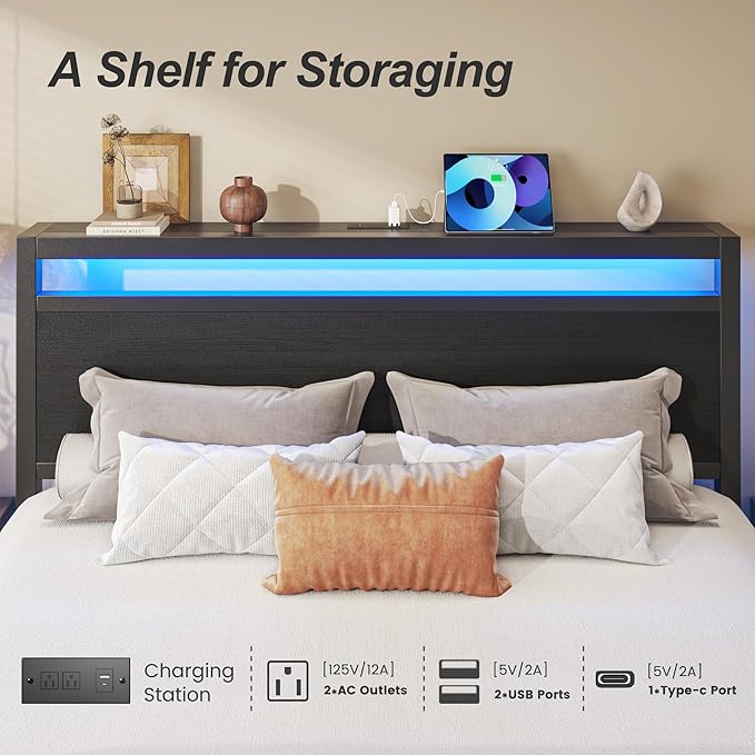 Fluest Queen Bed Frame,Queen Bed Frame with Storage Headboard & 2 Storage Drawer, Charging Station & LED Light, No Box Spring Needed, Noise Free, Easy Assembly, Classic Black