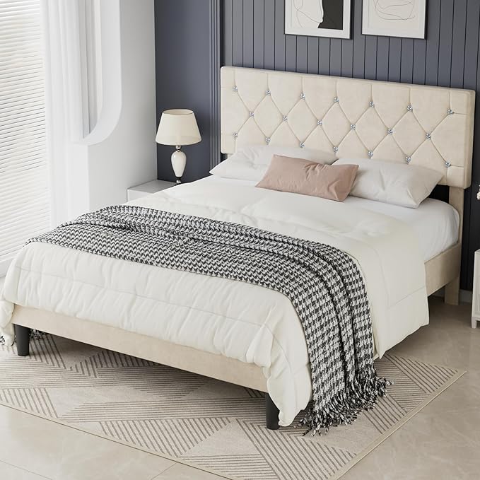 VECELO Queen Size Bed Frame with Diamond Tufted Headboard, Upholstered Platform Bedframe with Wood Slat Support, No Box Spring Needed, Pala Beige