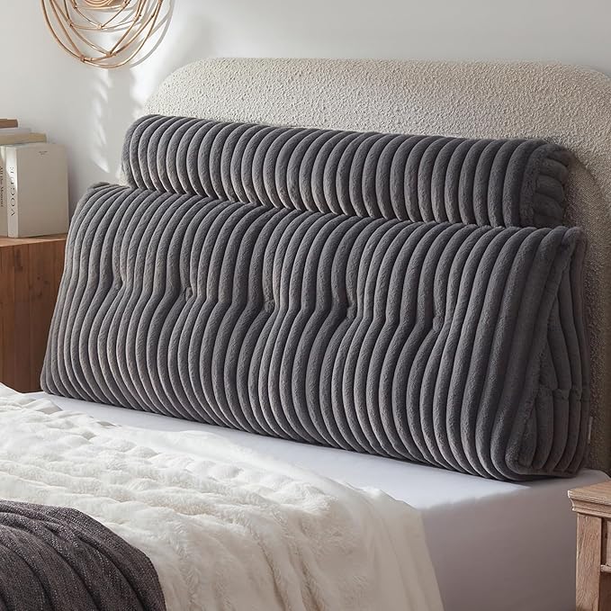 Headboard Pillow + A Long Neck Roll Pillow Body Pillow，Faux Fur Headboard Wedge Pillow with Removable Cover (Gray, Full：54x8x20 inches)