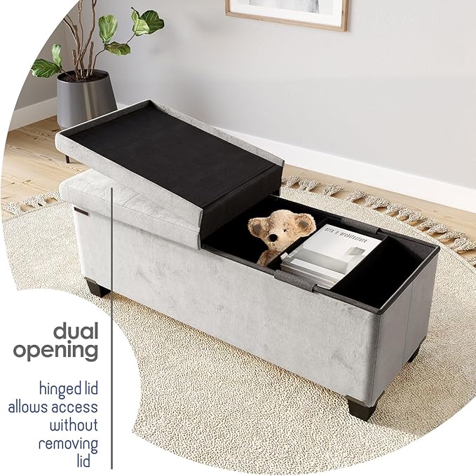 Storage Ottoman Bench with Bins, 43-in Storage Bench for Bedroom End of Bed, Folding Foot Rest Ottoman for Living Room Max 660lbs, Velvet Ottomans, Light Grey