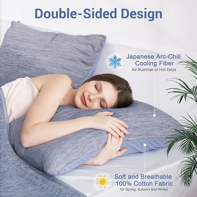 Elegear Cooling Pillow Cases for Hot Sleepers, Japanese Q-Max 0.5 Cooling Pillowcases, Both Sides(Cooling/Cotton), Breathable Soft Pillowcase for Hair and Skin, Set of 2-Blue (King (20" x 36"))