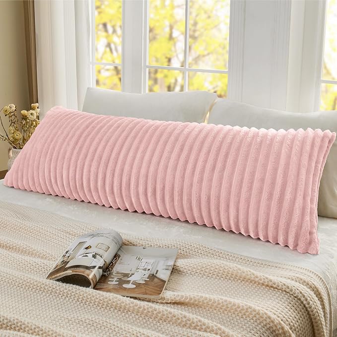 BEDELITE Fluffy Faux Fur Body Pillow Cover with Zipper, Luxury Plush 3D Striped Pillow Cover 20x54 Inches, Super Soft and Cozy Long Body Pillow Pillowcase for Bed Sofa Couch Room Decor(Pink)