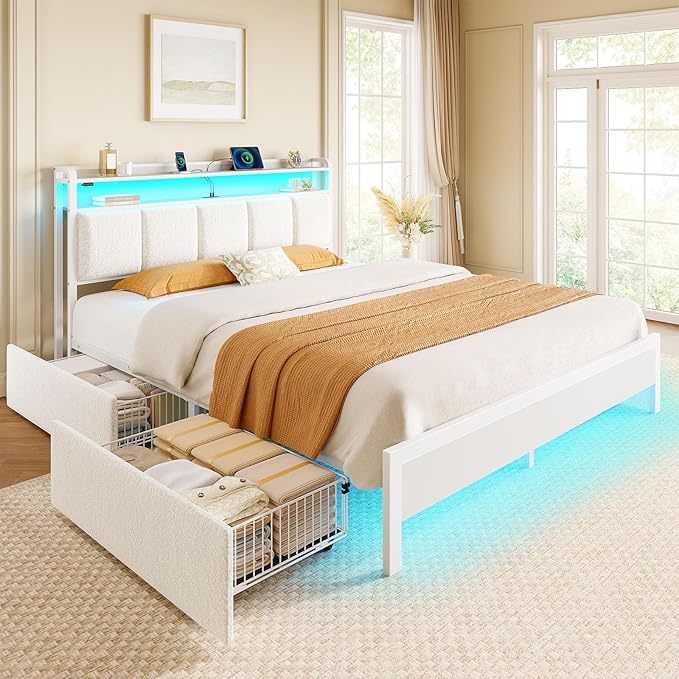 Rolanstar Bed Frame Queen Size with Charging Station and LED Lights, Upholstered Storage Headboard with Drawers, Heavy Duty Metal Slats, No Box Spring Needed, Noise Free, Easy Assembly, White