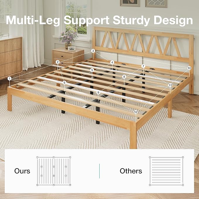 Novilla 12 Inch Solid Wooden King Size Bed Frame King Bed Frames with Headboard BedFrame Foundation No Box Spring Needed, Easy Assembly, Natural Grain Wood