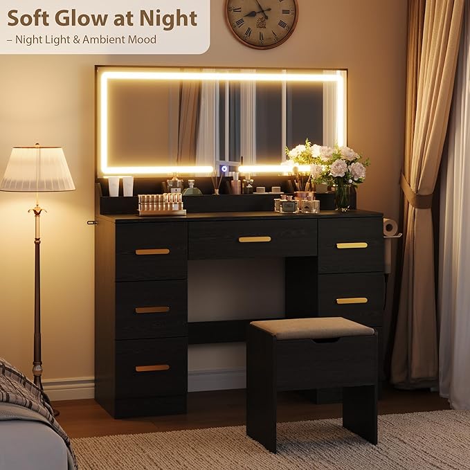 Garvee Vanity Desk with Large Mirror and Lights, 45.9 in Makeup Vanity Desk, 3 Lighting Modes Adjustable Brightness, Vanity Table with Power Outlet & 8 Drawers, for Powder Room and Bedroom