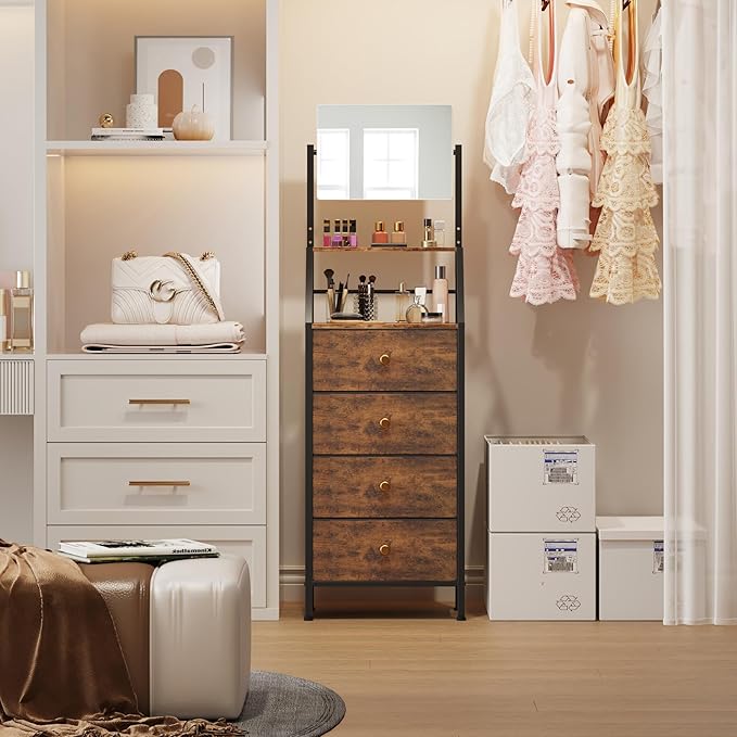 HIGDBFE 4-Drawer Dresser with Mirror, Vanity with 2-Tier Shelves, Fabric Chest of Drawers for Small Space, Vertical Storage Cabinet for Bedroom, Nightstand Bedside Table, Rustic Brown, 15.3" W