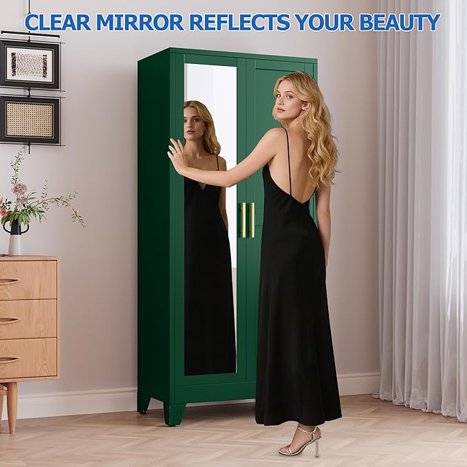 GAIOUS Metal Wardrobe Cabinet with Mirror and Hanging Rod, 71" Metal Clothing Storage Cabinets with 2 Doors and Adjustable Shelves, Green Armoire Wardrobe Closet for Bedroom, Laundry Room, Cloak Room