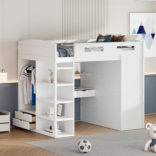 Multi-Functional Full Size Loft Bed with Built-in Desk and Wardrobes, Solid Wood Loft Bed Frame with 4 Drawers and 4 Shelves for Kids Teens Boys Adults, Maximize Space (White-F)
