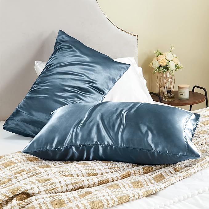 BEDELITE Satin Pillowcase for Hair and Skin, Super Soft and Cooling Similar to Silk Pillow Cases 2 Pack with Envelope Closure, Gift for Women Men(20"x30" Queen Size, Bluesteel)