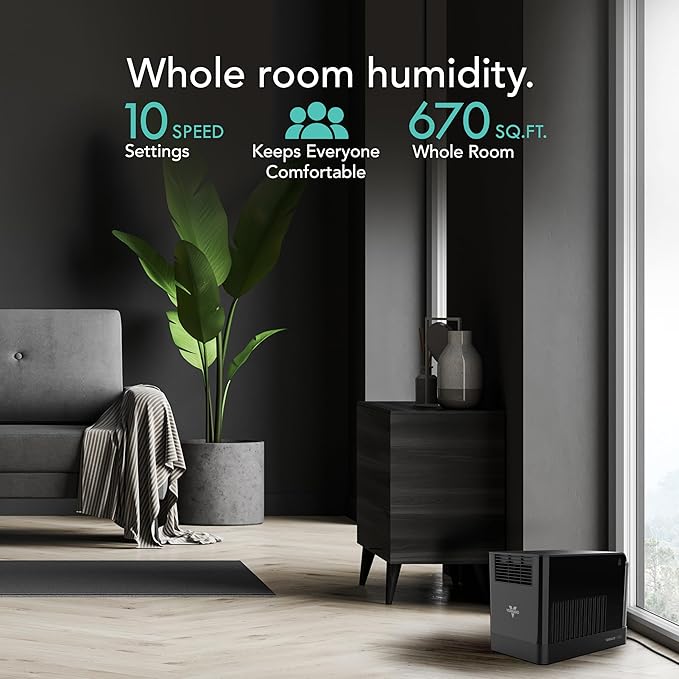 Vornado EV3 Whole Room Evaporative Humidifier, 1.5 gal Capacity, Electronic Humidistat, Top Fill, 54-Hour Run Time, 10 Speed Settings, Energy Efficient, 2 Antimicrobial Wicks, Easy To Clean, Black