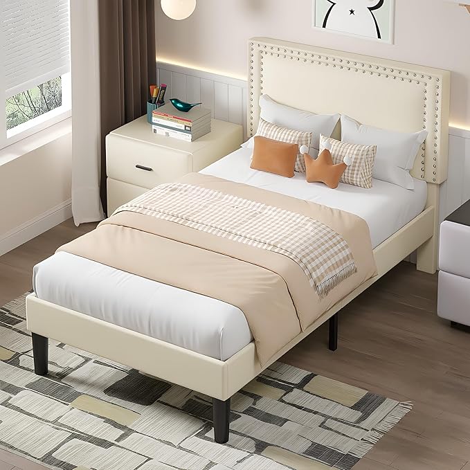 VECELO Twin Size Platform Bed Frame with Height Adjustable Upholstered Headboard, Modern Mattress Foundation,Strong Wood Slat Support, No Box Spring Needed, Easy Assembly, Beige