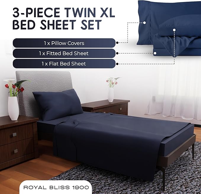 Twin XL Sheets - 3 Pcs Double Brushed Microfiber Cooling Set, Deep Pocket - Navy Blue
