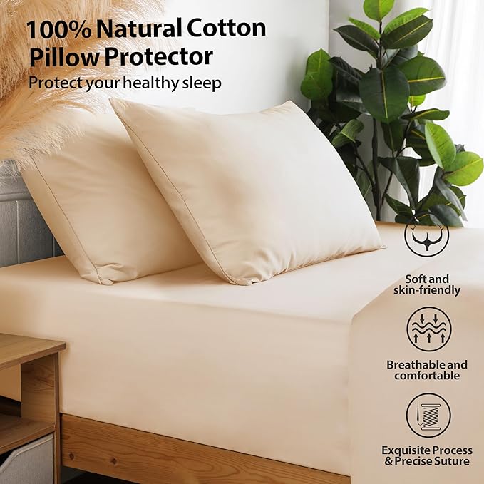 100% Cotton Soft Body Pillow Protectors with Invisible Zipper 20X54 Inches Body Pillow Cases, 600 Thread Count Soft Pillow Cases, Beige Color 1-Pack