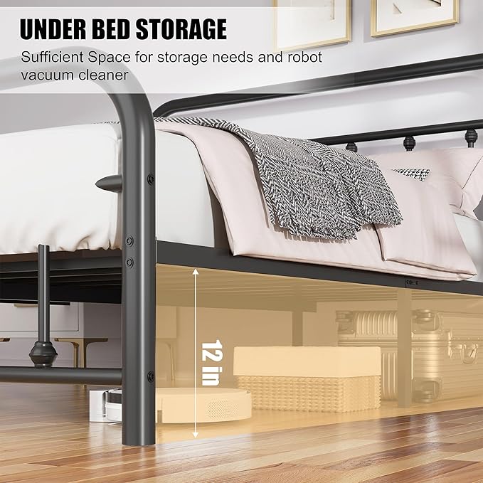 Shintenchi Queen Size Metal Platform Bed Frame with Headboard & Footboard, Steel Slat Mattress Foundation, Under Bed Storage, Noise-Free, No Box Spring Needed, Black Round
