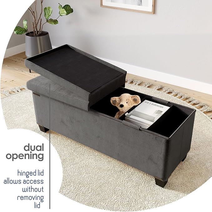 Storage Ottoman Bench with Bins, 43-in Storage Bench for Bedroom End of Bed, Folding Foot Rest Ottoman for Living Room Max 660lbs, Velvet Ottomans, Grey