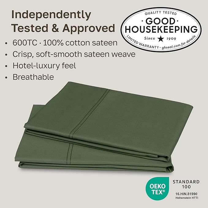 California Design Den King Size Pillowcase Set of 2 - Luxuriously Soft Premium 600 Thread Count, 100% Cotton Pillow Case Covers, Crisp Sateen, Fits King Pillows - Dark Olive Green
