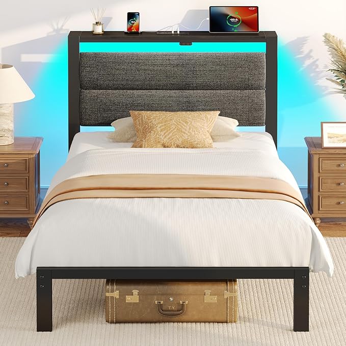 Rolanstar Bed Frame Twin Size with Charging Station, LED Twin Bed Frame with Upholstered Storage Headboard, Platform Bed with Metal Slats & Under Bed Storage, No Box Spring Needed, Noise Free, Grey