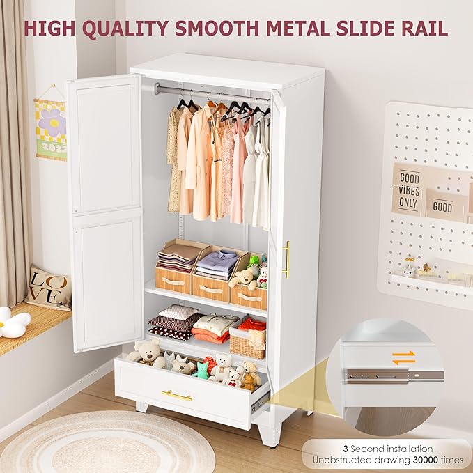 GAIOUS Steel Armoire Wardrobe Closet with 2 Doors, 71" Household Wardrobe Cabinet with Hanging Rod and Drawers, Metal Clothing Storage Cabinet with Adjustable Shelf for Bedroom, Cloak Room, Gym(White)