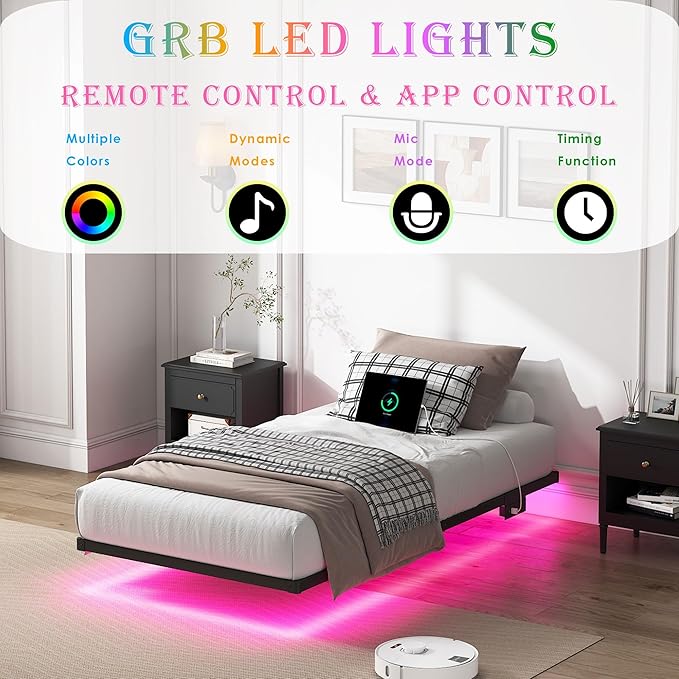 YORMDMO Floating Bed Frame Twin Size, Heavy Duty Bedframe with Smart LED Lights & Charging Station, Modern Metal Platform Bed, Easy Assembly No Box Spring Needed, 8 Inch