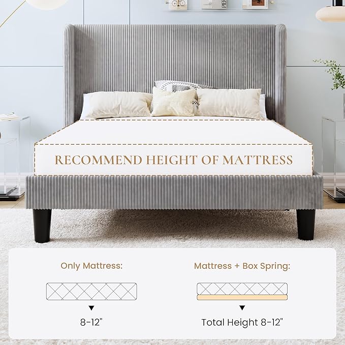 SHA CERLIN Queen Size Corduroy Upholstered Platform Bed Frame with Vertical Channel Tufted Wingback Headboard, 8" Under Bed Storage, Wooden Slats & Metal Frame Support, Easy Assembly, Light Grey