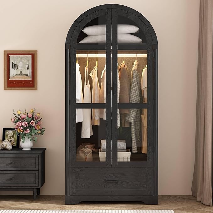 chartustriable 2 Doors Arched Armoire Wardrobe Closet w/Drawers,LED Light,Wooden Closet Wardrobe Cabinet with Hanging Rod for Bedroom,Modern Armoire Storage Cabinet w/Shelf,Black