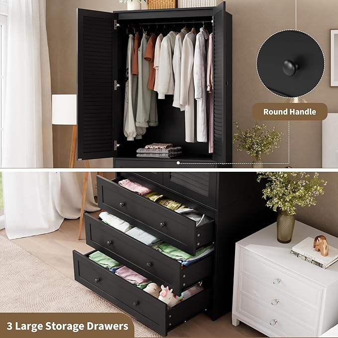 GarveeHome Armoire Wardrobe Closet with 3 Drawers, 69.5" Wooden Wardrobe Cabinet, Hanging Rod, 2 Doors Clothing Storage Cabinet for Bedroom, Large Capacity Storage, Louvered Door, Black