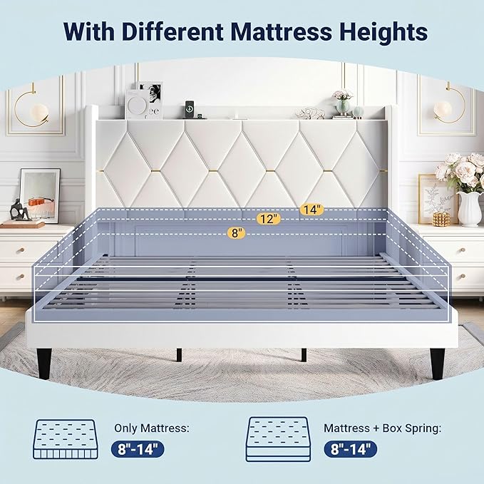 Allewie Velvet King Size Upholstered Bed Frame with Wingback Storage Headboard & Charging Station, Platform Bed with Diamond Tufted Design & Gold Trim, No Box Spring Needed, Easy Assembly, White