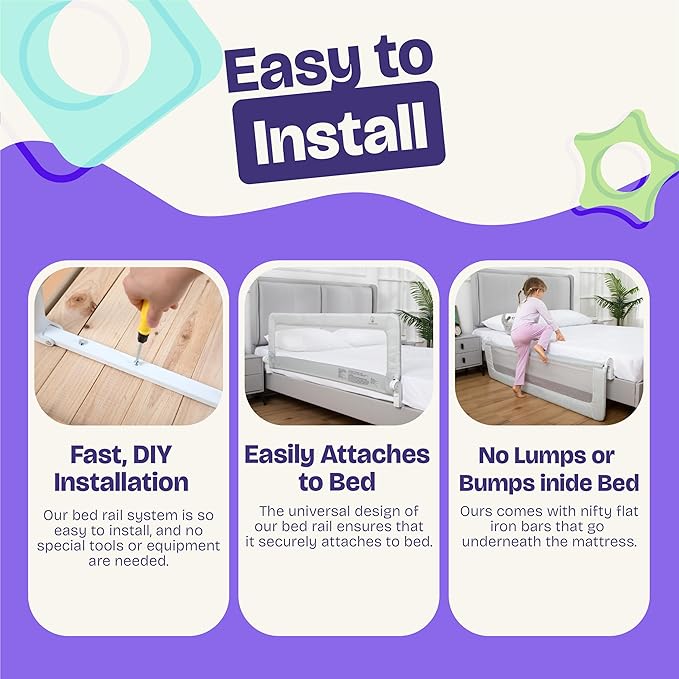 ComfyBumpy 2-Pack Bed Rail for Toddlers 55.5" L x 19.5" H | Toddler Bed Rails for Twin, Full, Queen & King Mattress Size | Swing Down Rail Guard | Mattress Side Rail for Kids | Gray