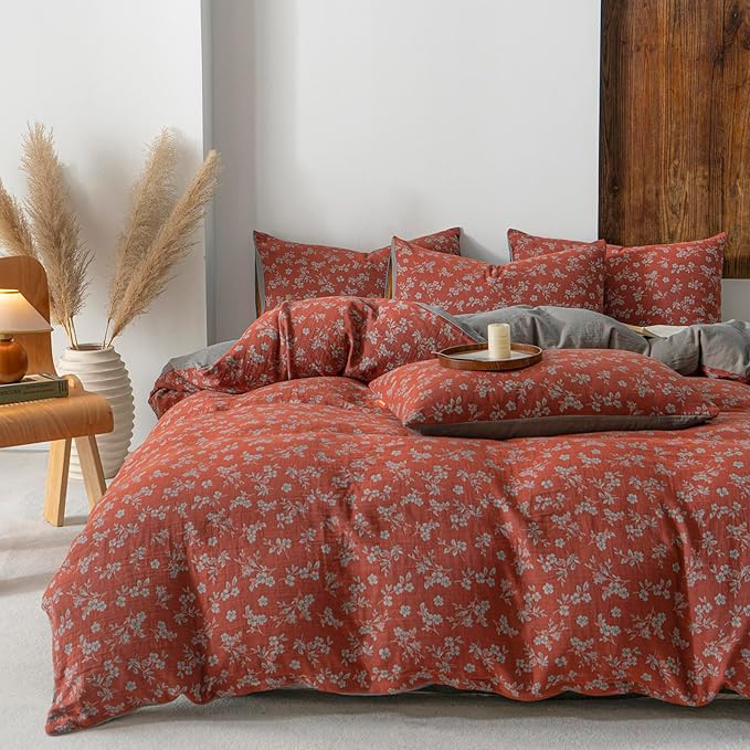VM VOUGEMARKET Vintage Floral Duvet Cover Set King,Rust Red Double Layer Gauze Cotton Bedding, Soft Breathable Comforter Cover with Zipper Closure,3 Pieces