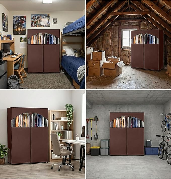 HOLDN’ STORAGE Portable Wardrobe Closet - 65 lb Large Capacity, Internal Heavy Duty Metal Rod, Zipper & Clear Window, Durable Clothes Organizer, Tool-Free Easy Assembly, Brown Canvas Cover