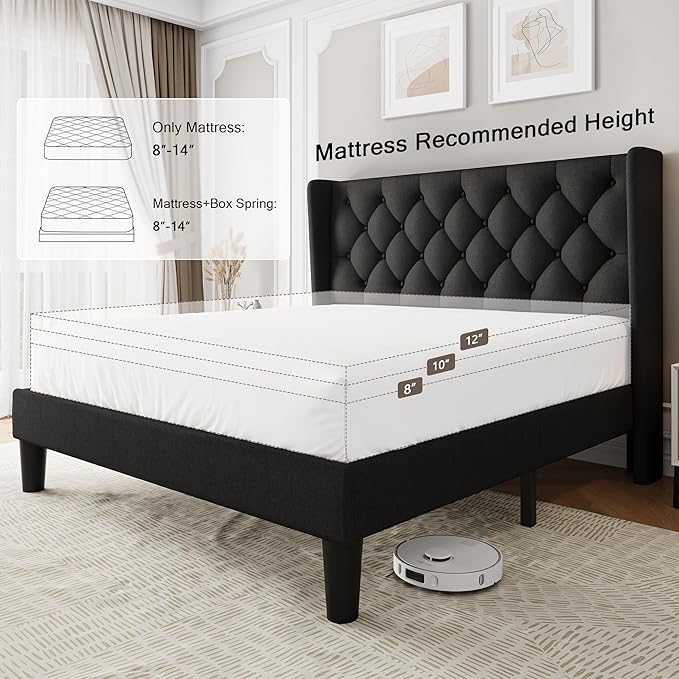 Einhomn Black Platform Bed Frame Full Size with Fabric Upholstered Wingback Headboard, 12" Under Bed Space, Wooden & Metal Slats Support, No Box Spring Needed
