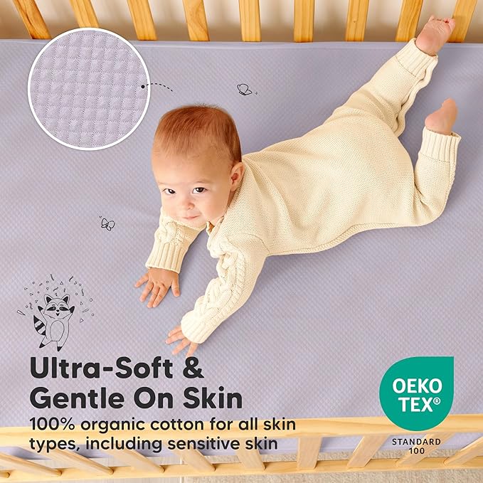 2-Pack Waterproof Crib Mattress Protector Cover Fitted - Quiet Baby Crib Mattress Pad Sheets, 52" x 28" Soft Quilted Cotton Baby Sheet, Machine Washable, Easy Fit, Durable (Thistle/Quin)