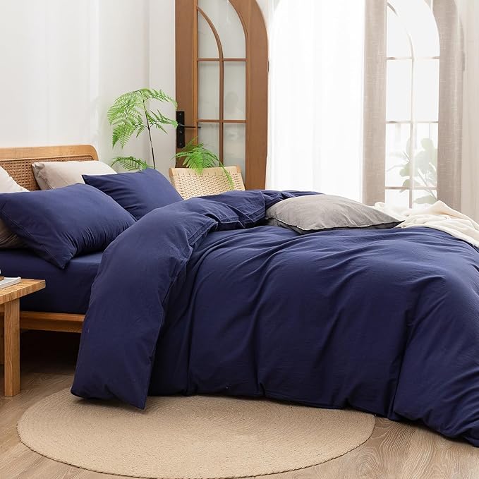 BESTOUCH Duvet Cover Set 100% Washed Cotton Linen Feel Super Soft Comfortable Chic Lightweight 3 PCs Home Bedding Set Solid Navy Blue Alaska King