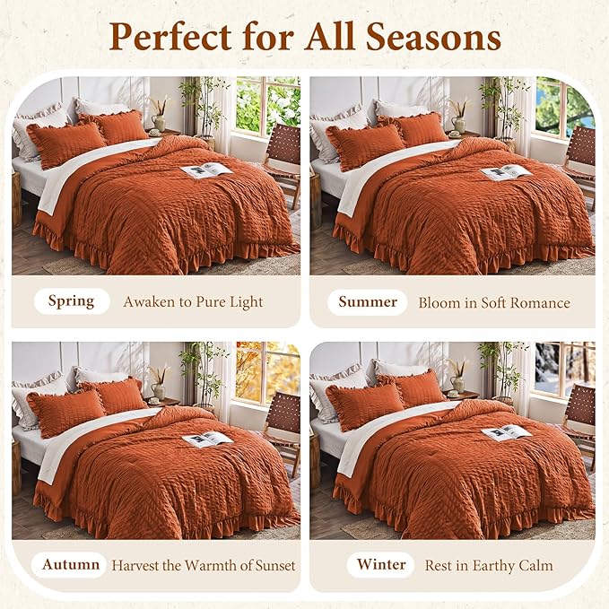 JOLLYVOGUE King Comforter Set, 3 Pieces Seersucker Comforters King Size, Lightweight & Fluffy Bedding Sets King for All Season with 1 Ruffle Comforter and 2 Ruffle Pillowshams, Burnt Orange