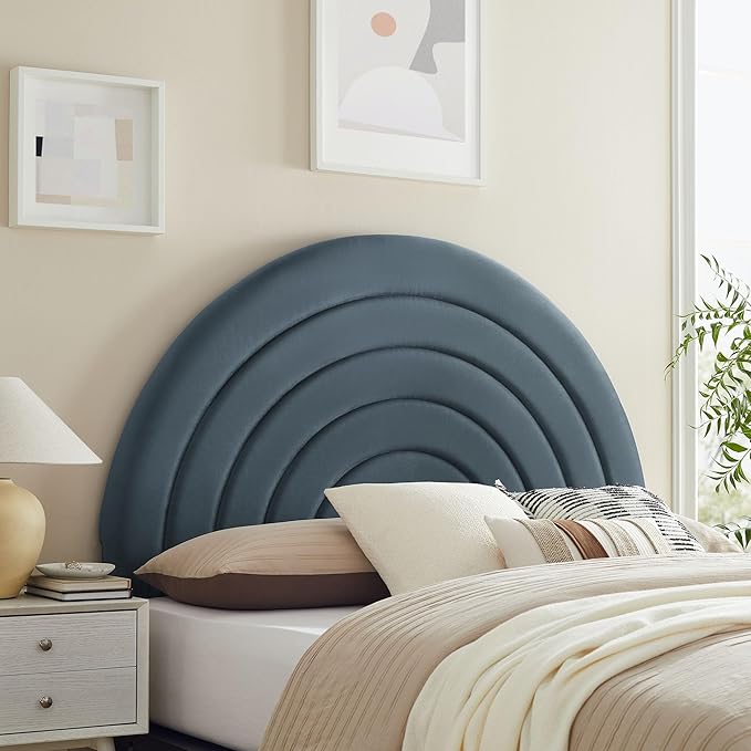 Modway Solana Soft Arch Shaped Round Full Headboard in Cadet Blue – Upholstered Headboard – Stain-Resistant Performance Velvet Headboard for Full Size Beds