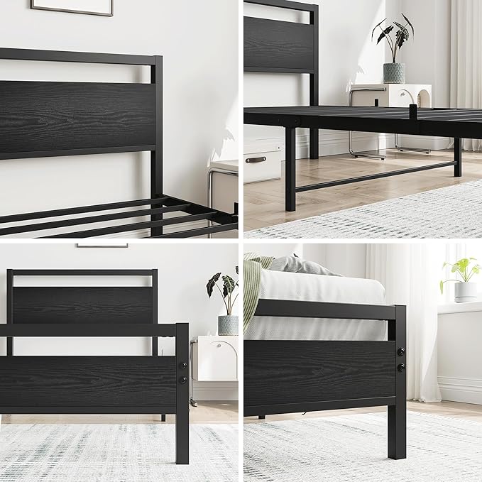 HOJINLINERO Black Twin Bed Frame with Wood Headboard,Metal Single Platform Bed Frame Twin Size No Box Spring Needed,Heavy Duty Metal Slats Support,Mattress Base,Noise Free,Easy Assembly,Black