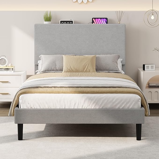IDEALHOUSE Twin Size Bed Frame, Platform Bed with Adjustable Corduroy Upholstered Storage Headboard and Charging Station, Sturdy Metal Support, Noise Free, Easy Assembly, Gray